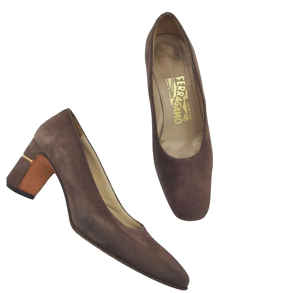 Salvatore Ferragamo Womens Quiet Luxury Block Heel Pumps 6 Brown Suede Italy Lux